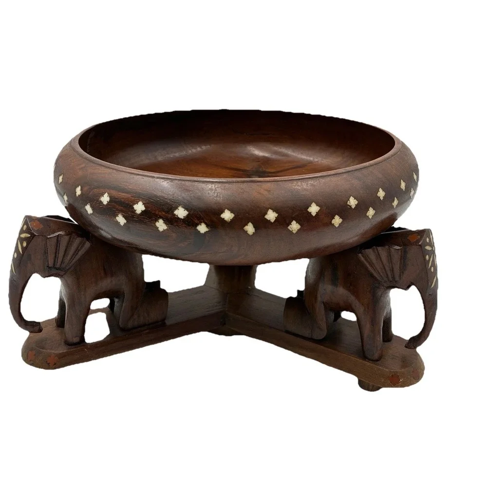 Early 20th Century Hand-Carved & Inlaid Anglo-Indian Bowl on Elephants Base